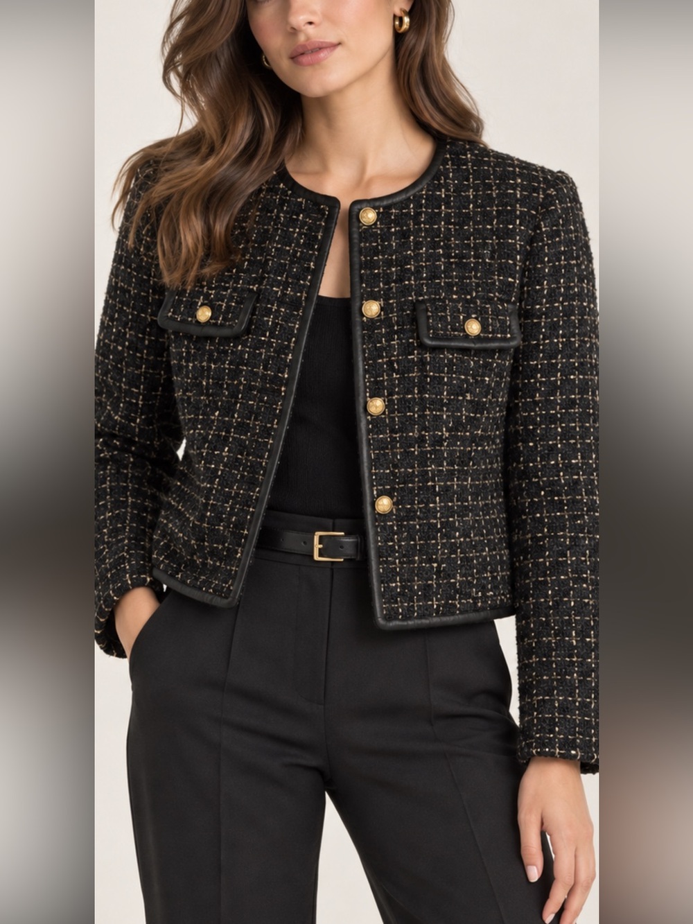 Nanette Lepore Size 4 Black Gold Tweed Boucle Jacket Gold Buttons Blazer